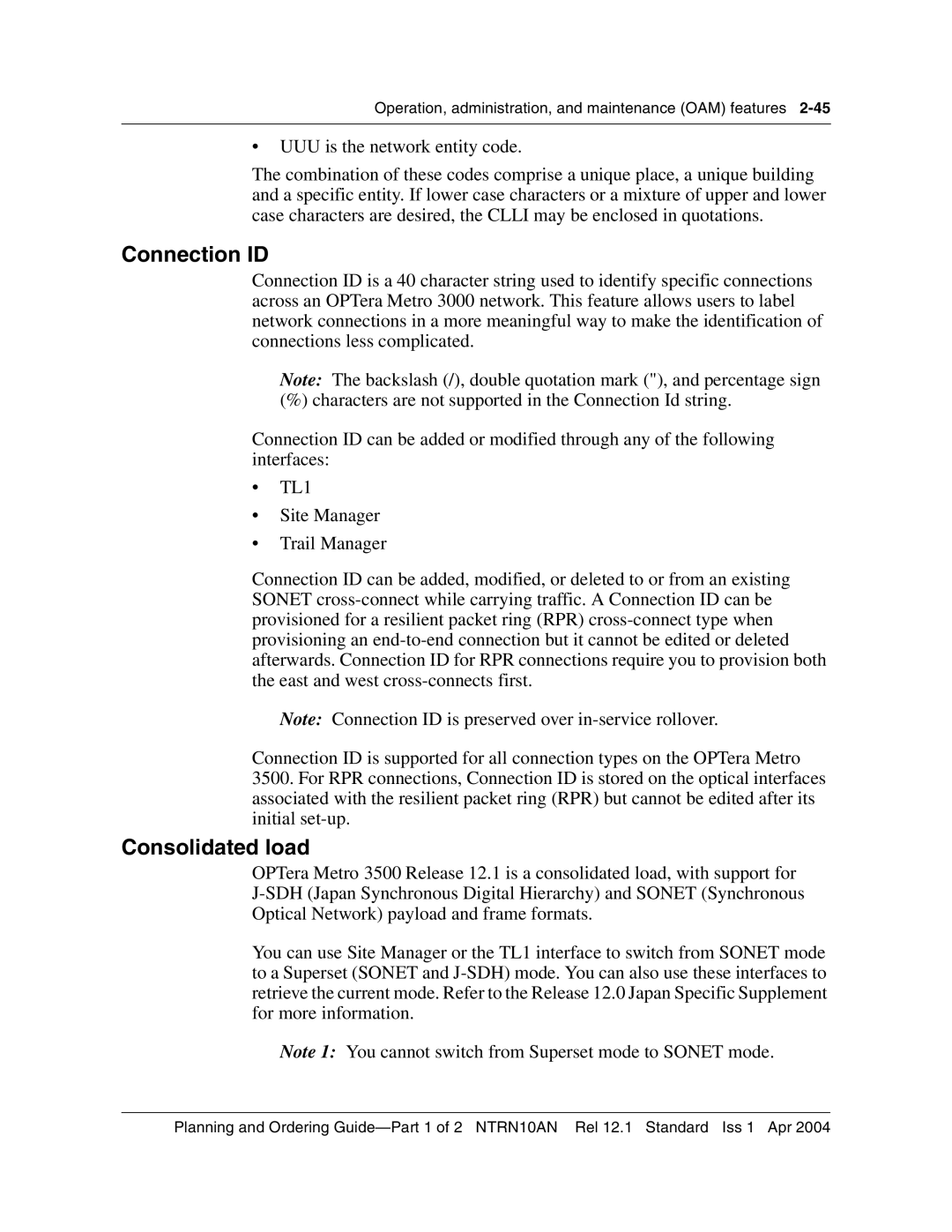 Nortel Networks 3500, NTRN10AN manual Connection ID, Consolidated load 