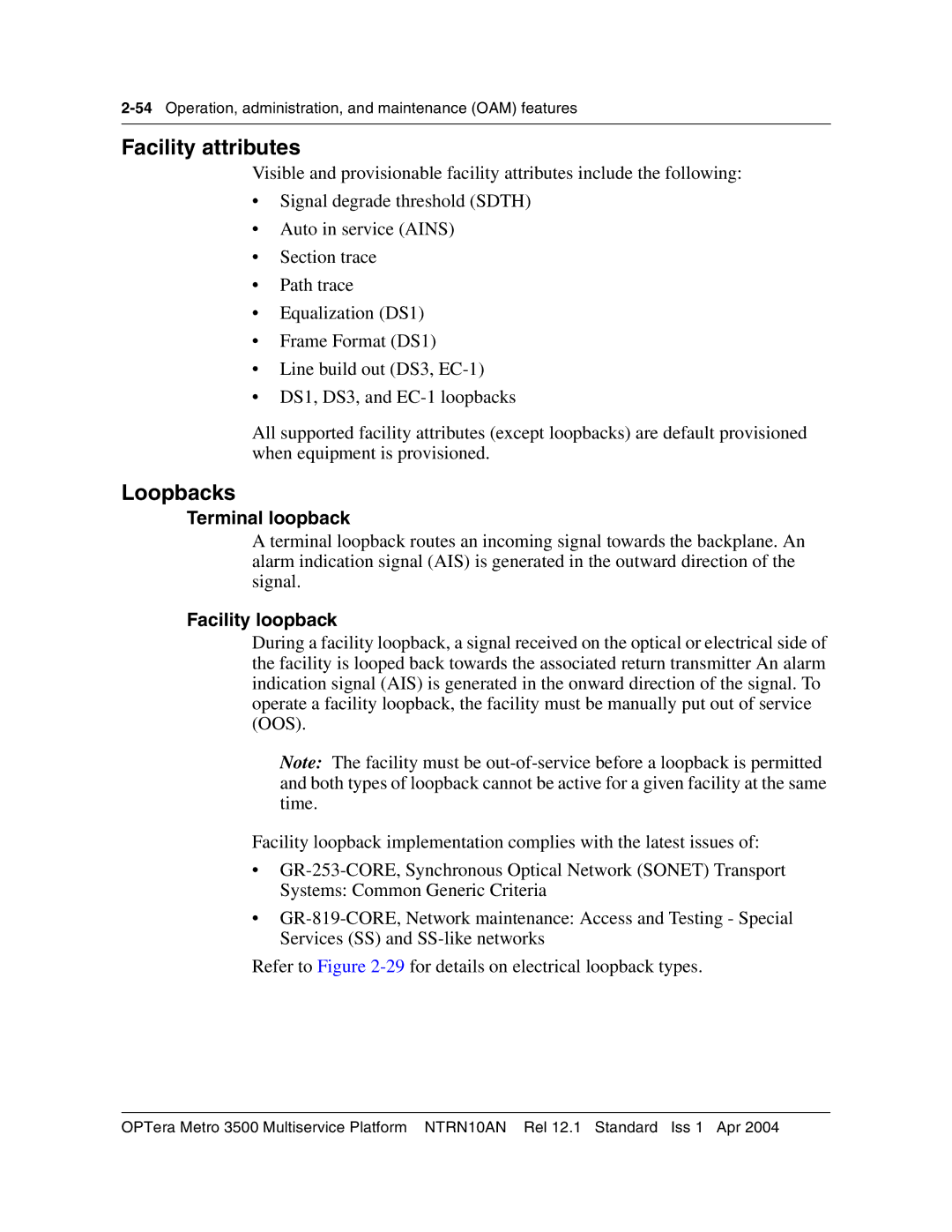 Nortel Networks NTRN10AN, 3500 manual Facility attributes, Loopbacks, Terminal loopback, Facility loopback 