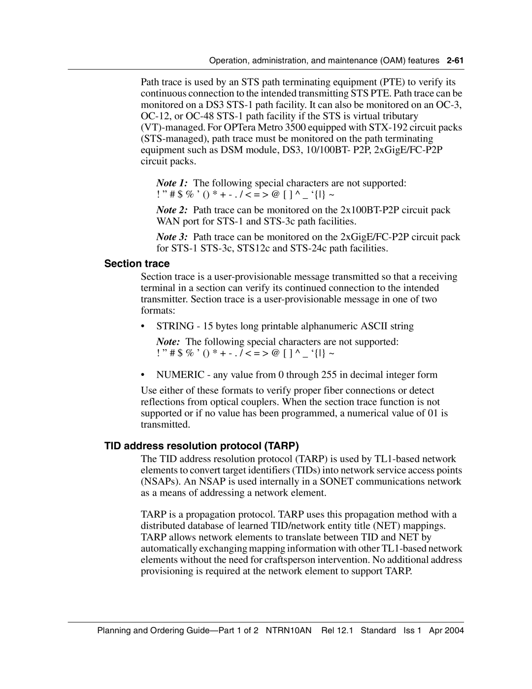 Nortel Networks 3500, NTRN10AN manual Section trace, TID address resolution protocol Tarp 