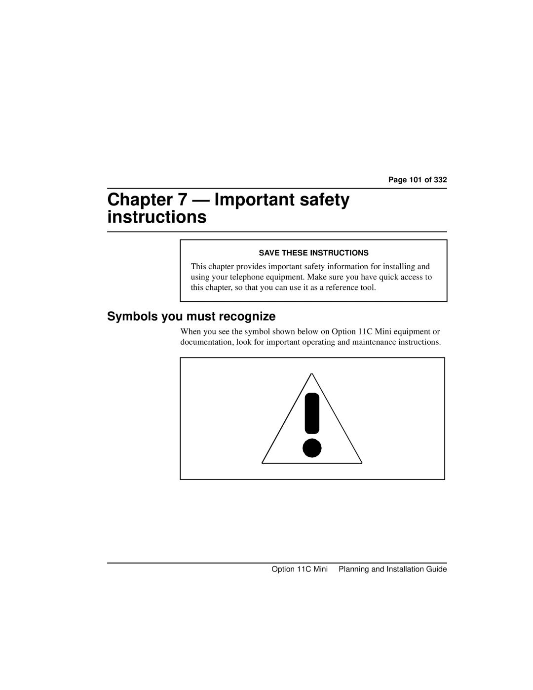 Nortel Networks Option 11C Mini manual Important safety instructions, Symbols you must recognize, 101 