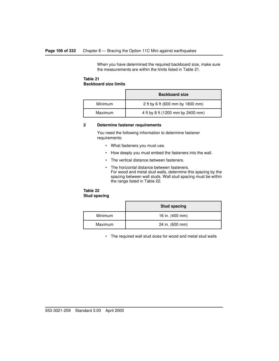 Nortel Networks Option 11C Mini manual Backboard size limits, Determine fastener requirements, Stud spacing 