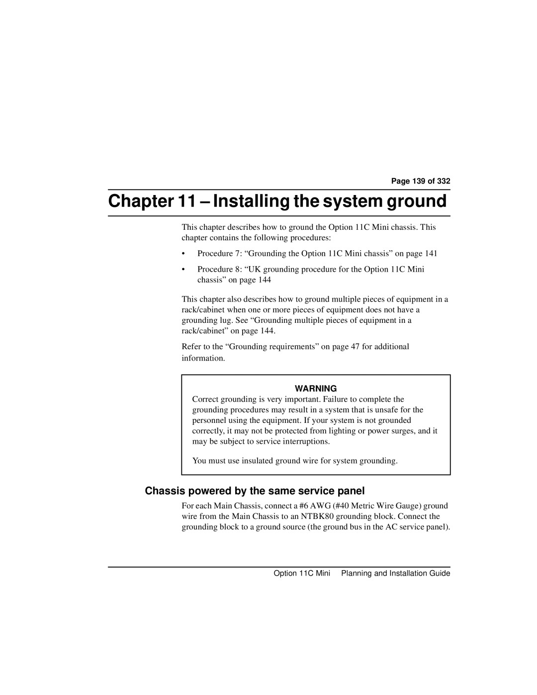 Nortel Networks Option 11C Mini manual Installing the system ground, Chassis powered by the same service panel, 139 