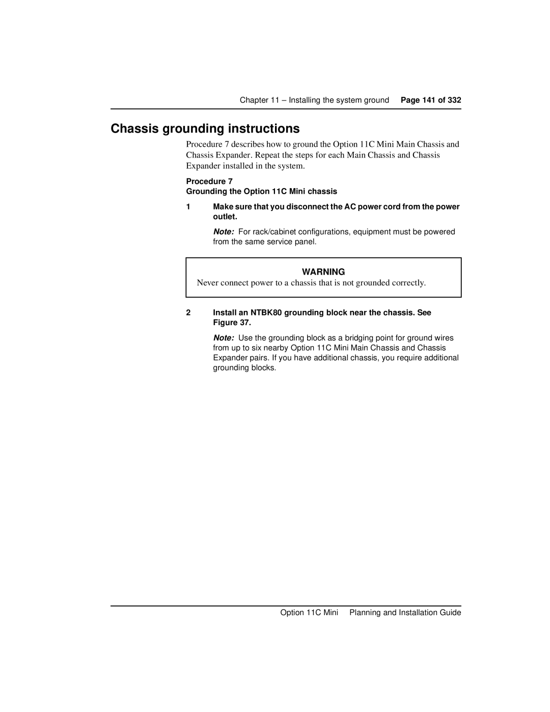 Nortel Networks Option 11C Mini manual Chassis grounding instructions 