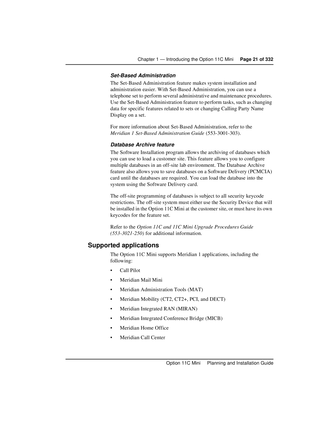 Nortel Networks Option 11C Mini manual Supported applications, Set-Based Administration 