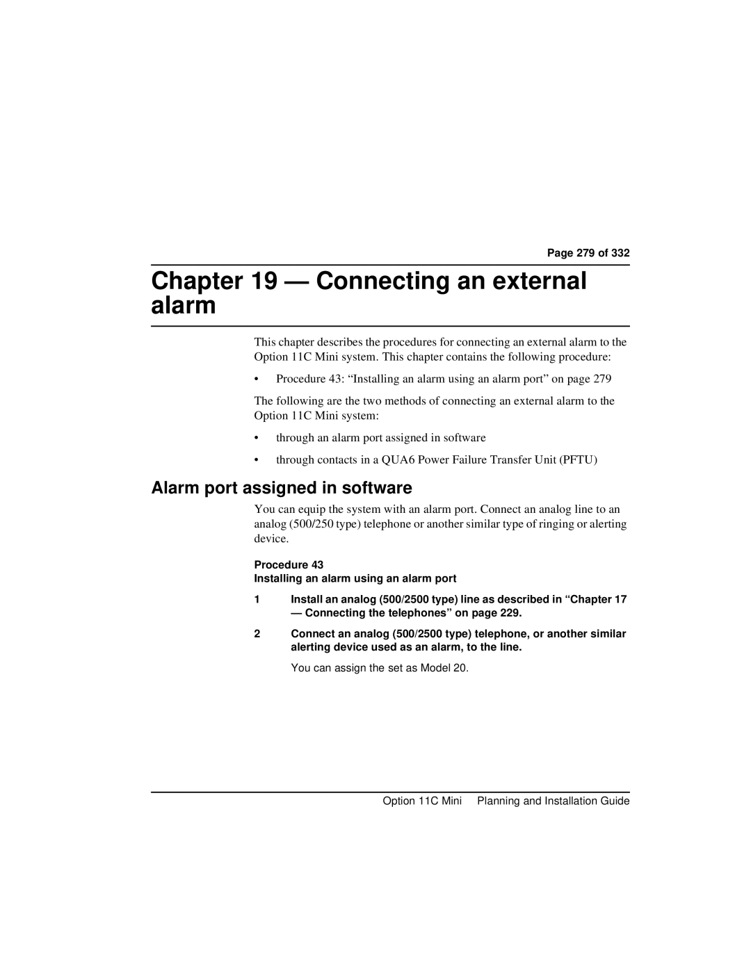 Nortel Networks Option 11C Mini manual Connecting an external alarm, Alarm port assigned in software, 279 