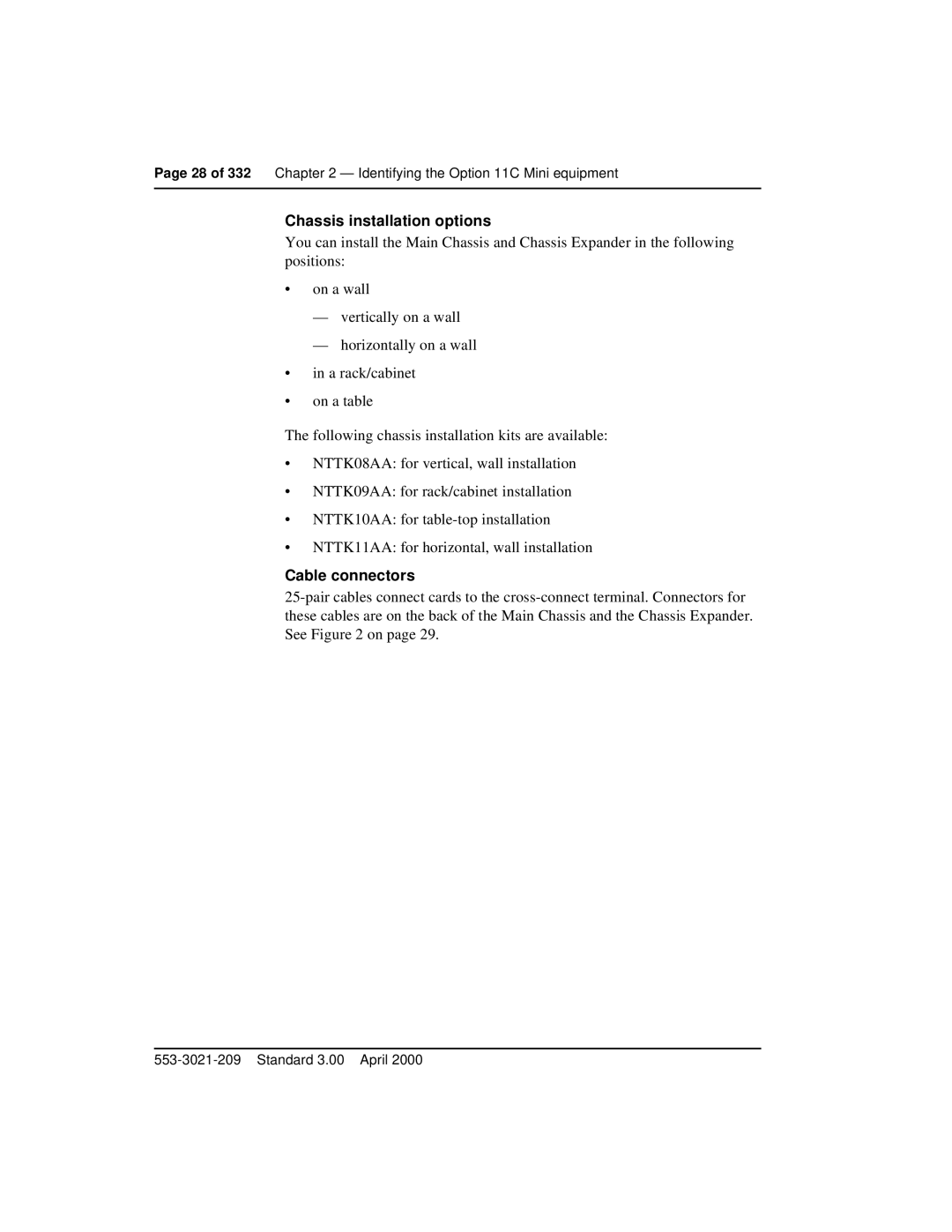 Nortel Networks Option 11C Mini manual Chassis installation options, Cable connectors 