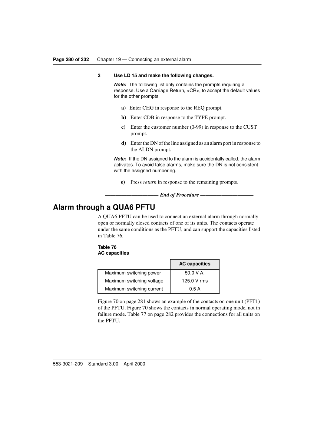 Nortel Networks Option 11C Mini manual Alarm through a QUA6 Pftu, Use LD 15 and make the following changes, AC capacities 