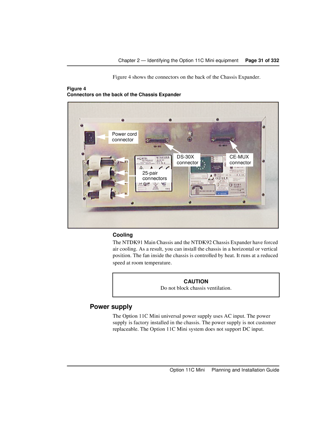 Nortel Networks manual Power supply, Cooling, Identifying the Option 11C Mini equipment 