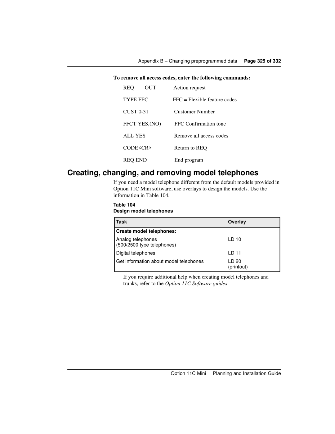 Nortel Networks Option 11C Mini manual Creating, changing, and removing model telephones 