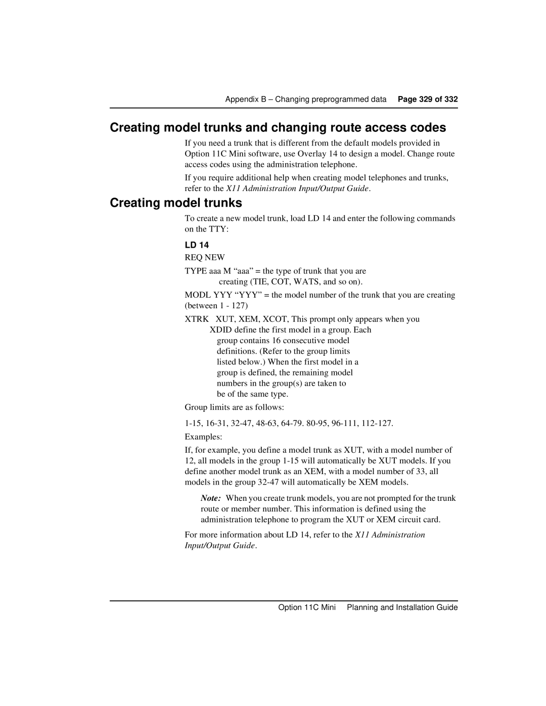 Nortel Networks Option 11C Mini manual Creating model trunks and changing route access codes 