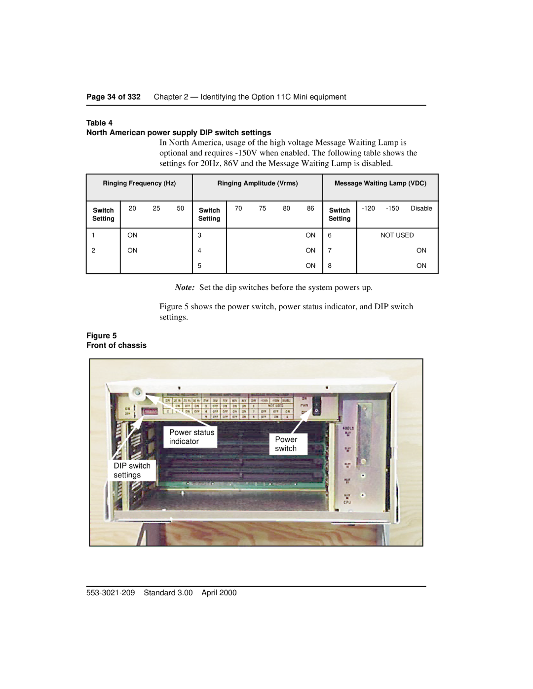 Nortel Networks Option 11C Mini manual North American power supply DIP switch settings, Front of chassis 