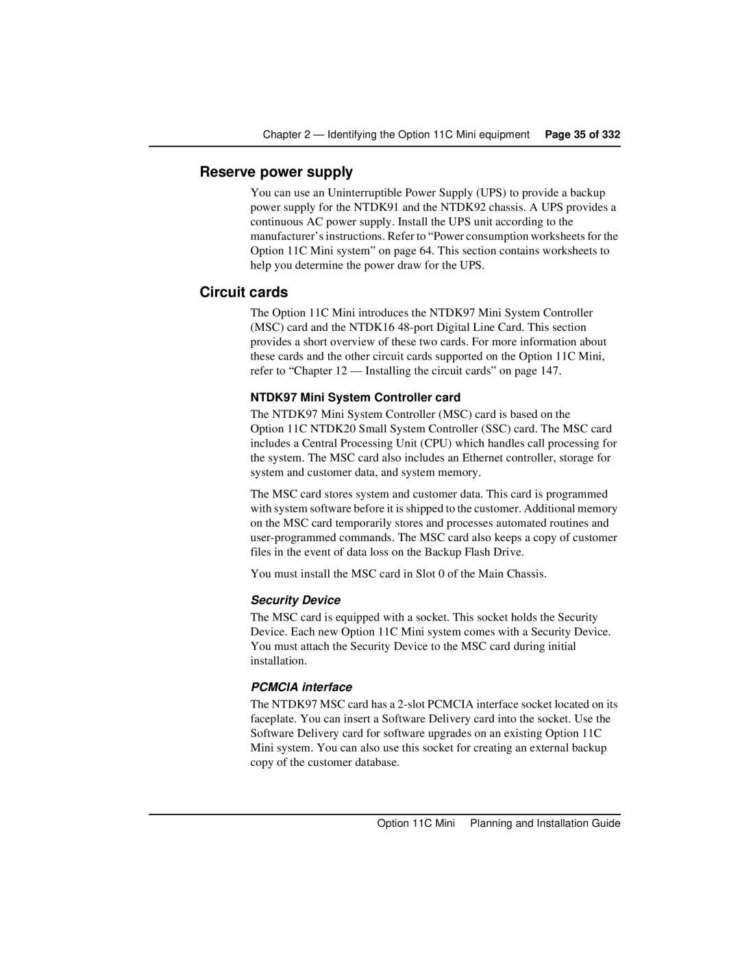 Nortel Networks Option 11C Mini manual Reserve power supply, Circuit cards, NTDK97 Mini System Controller card 