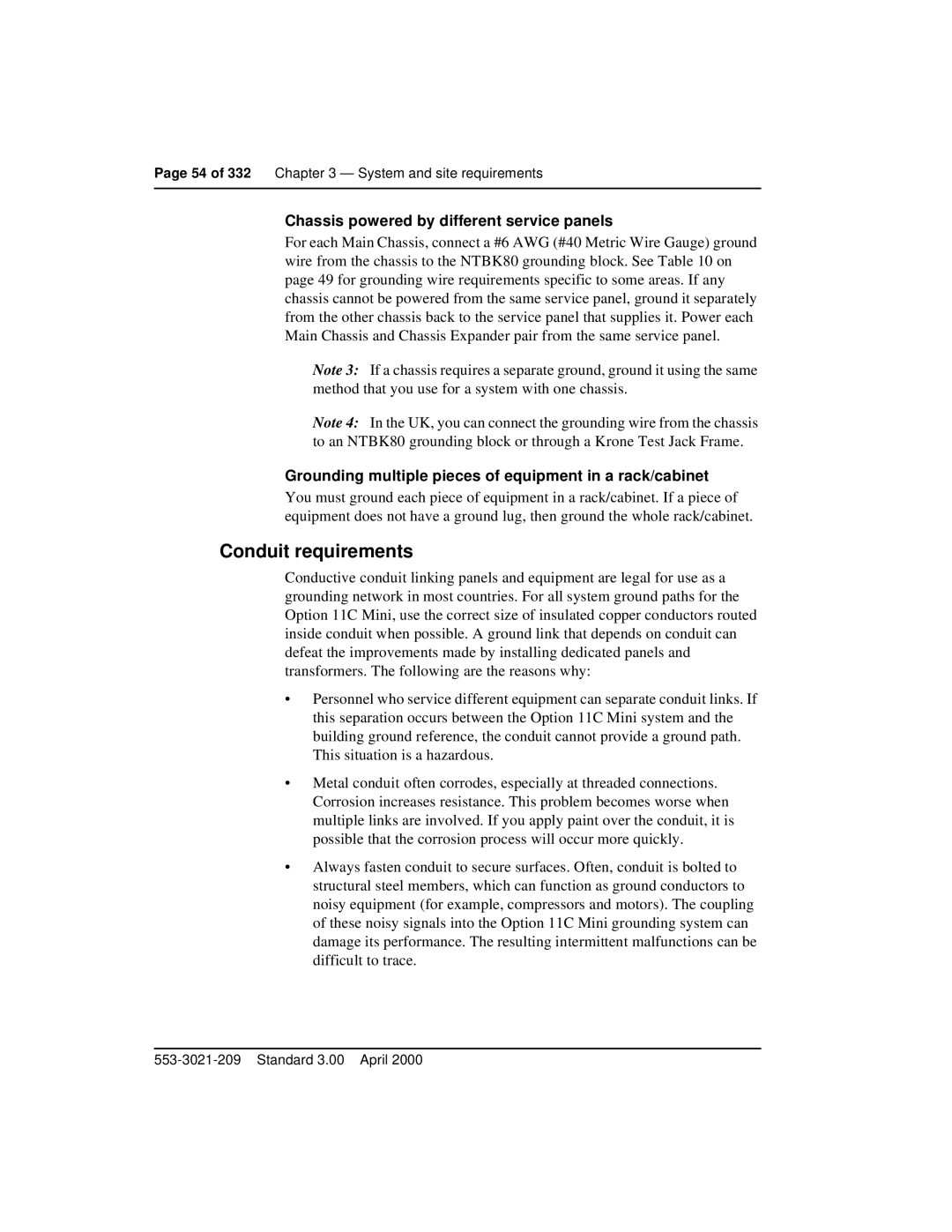 Nortel Networks Option 11C Mini manual Conduit requirements, Chassis powered by different service panels 