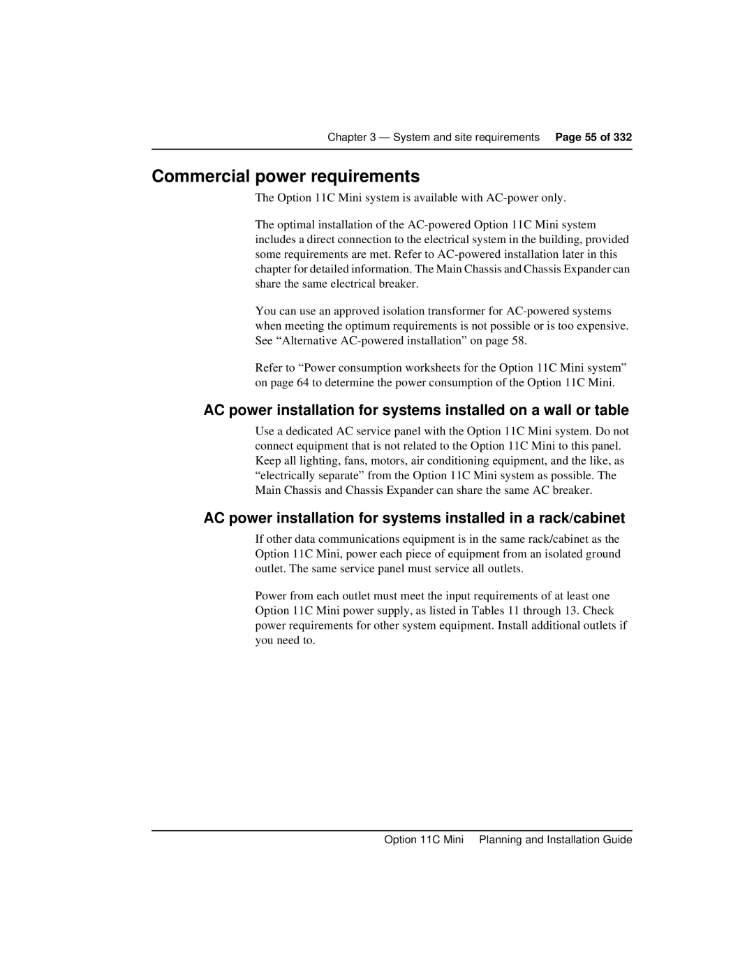 Nortel Networks Option 11C Mini manual Commercial power requirements 