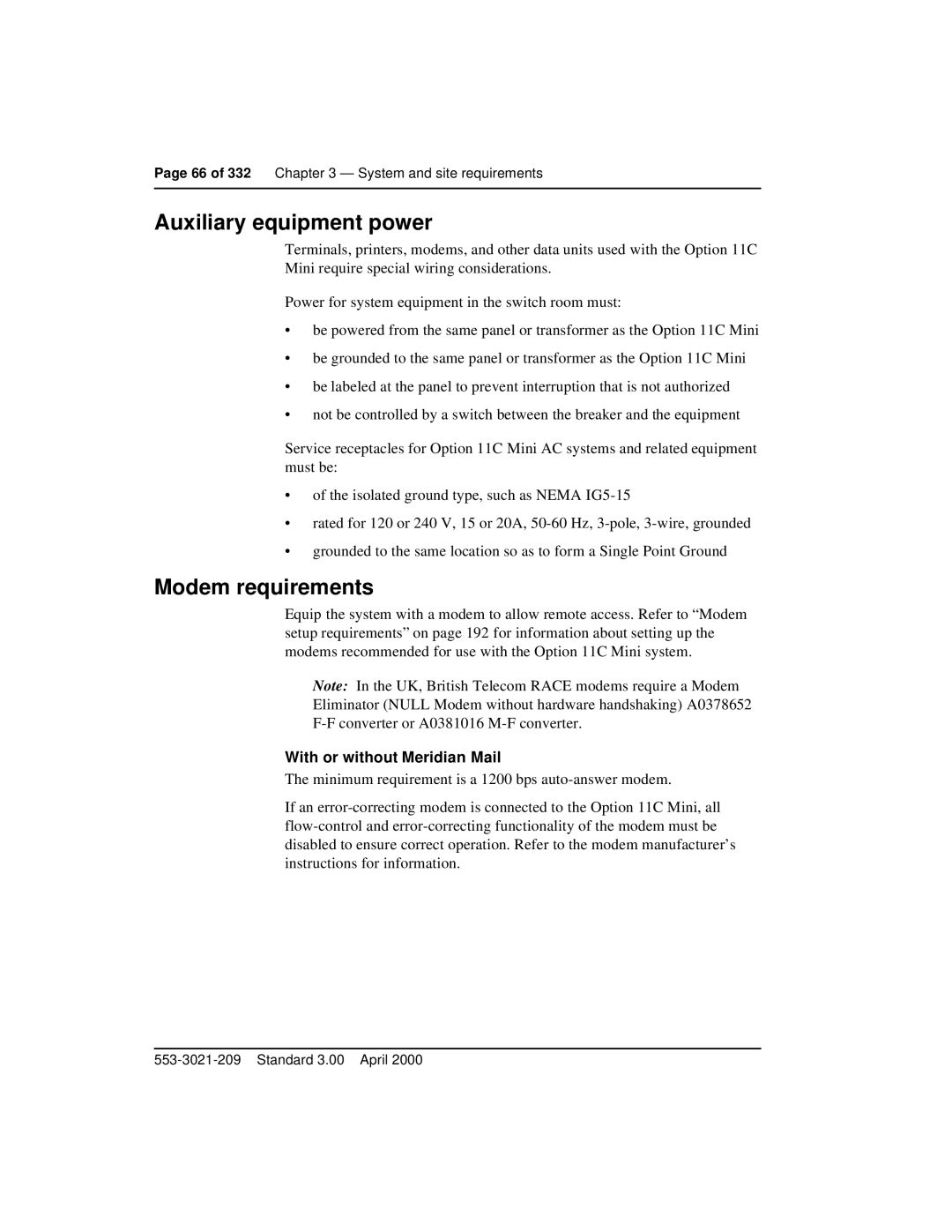 Nortel Networks Option 11C Mini manual Auxiliary equipment power, Modem requirements, With or without Meridian Mail 