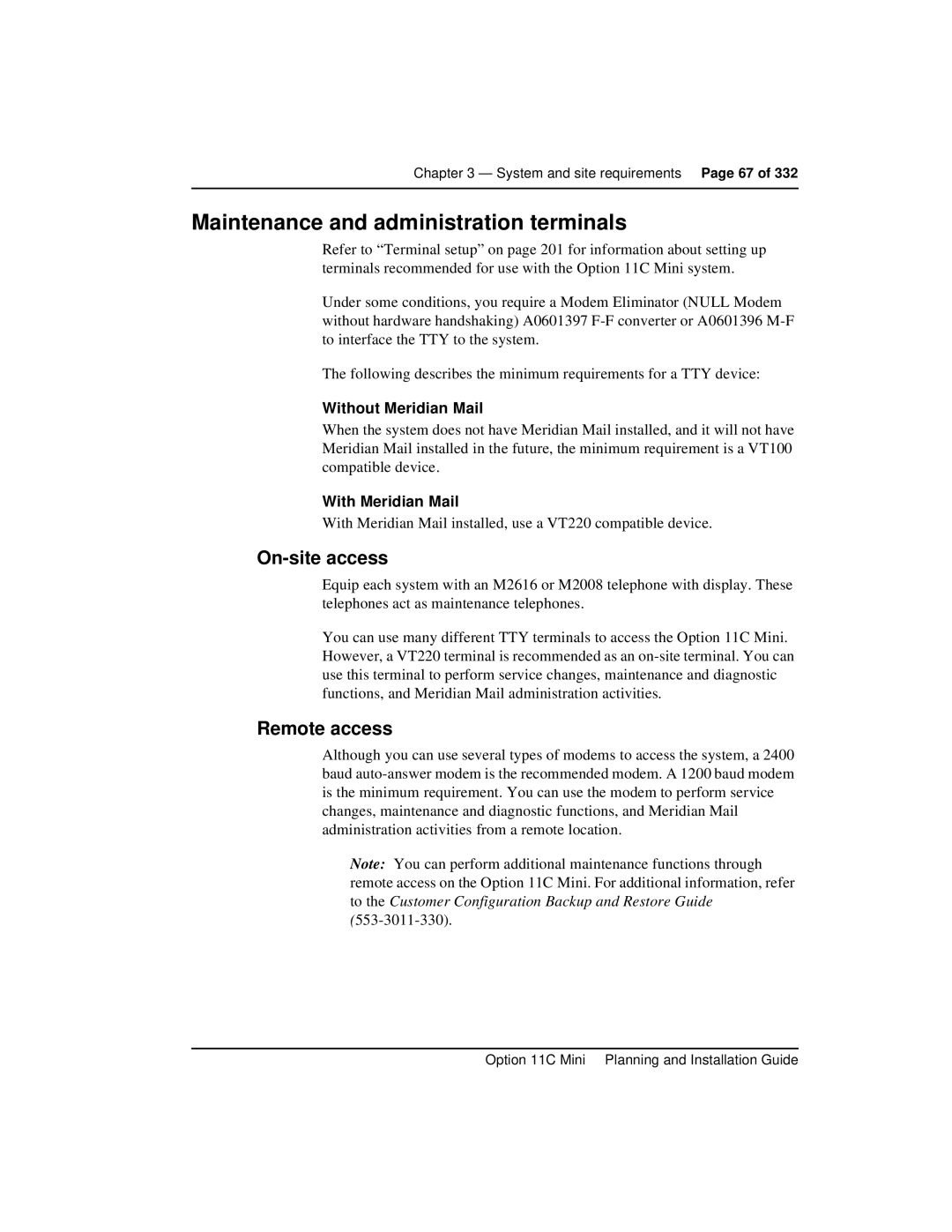 Nortel Networks Option 11C Mini manual Maintenance and administration terminals, On-site access, Remote access 