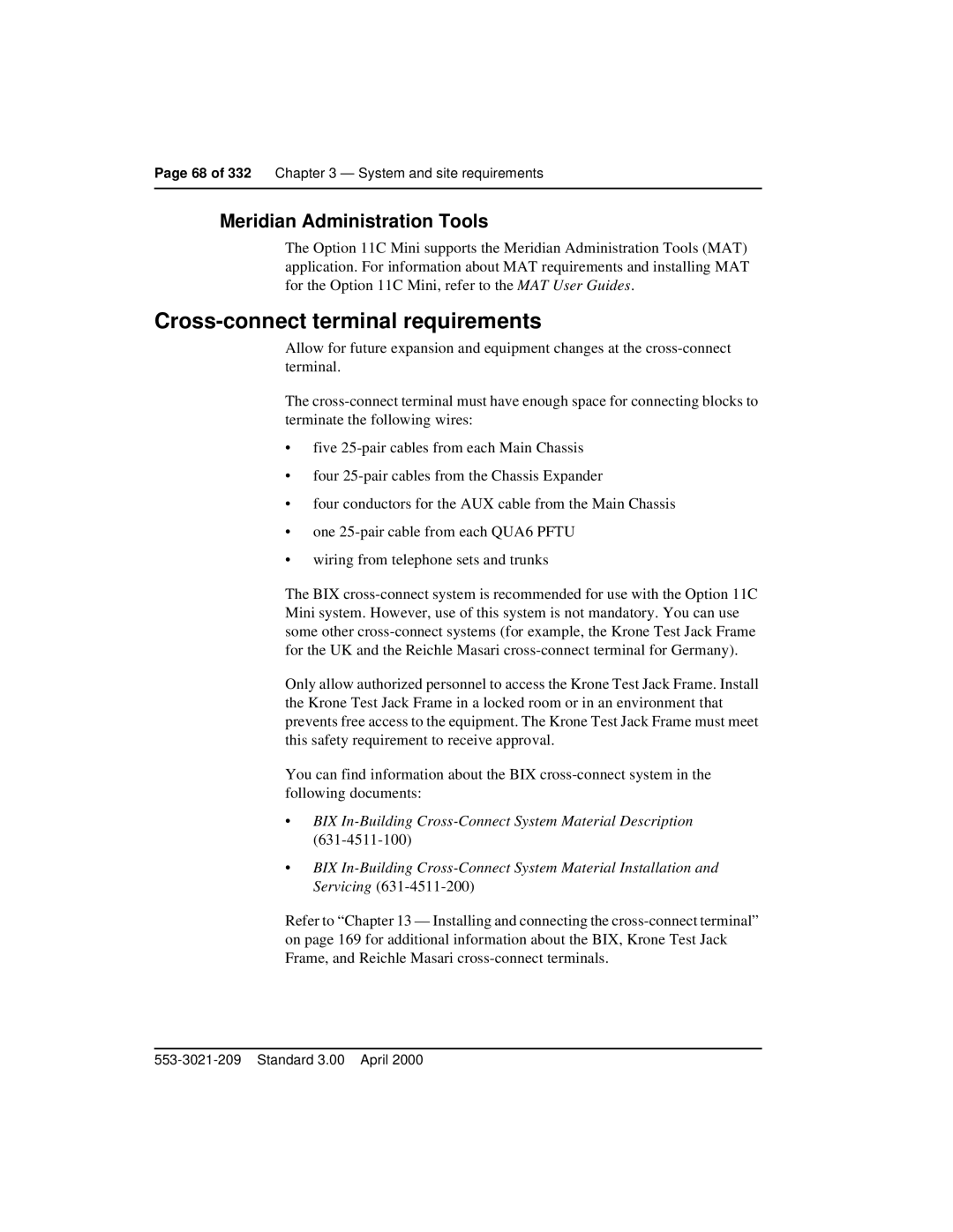 Nortel Networks Option 11C Mini manual Cross-connect terminal requirements, Meridian Administration Tools 