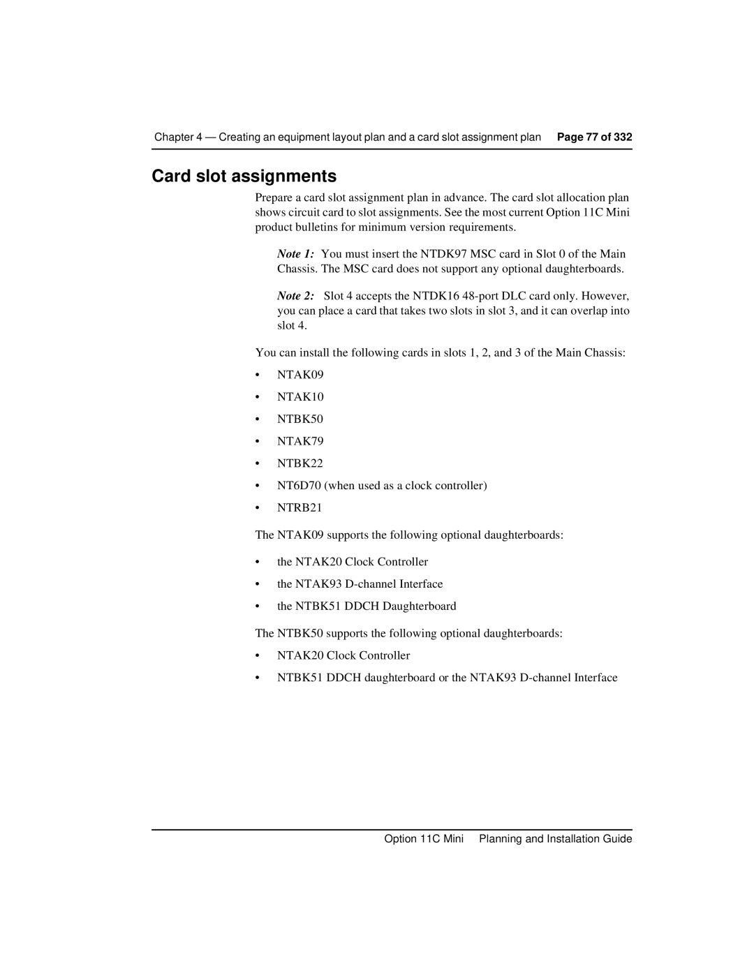 Nortel Networks Option 11C Mini manual Card slot assignments 