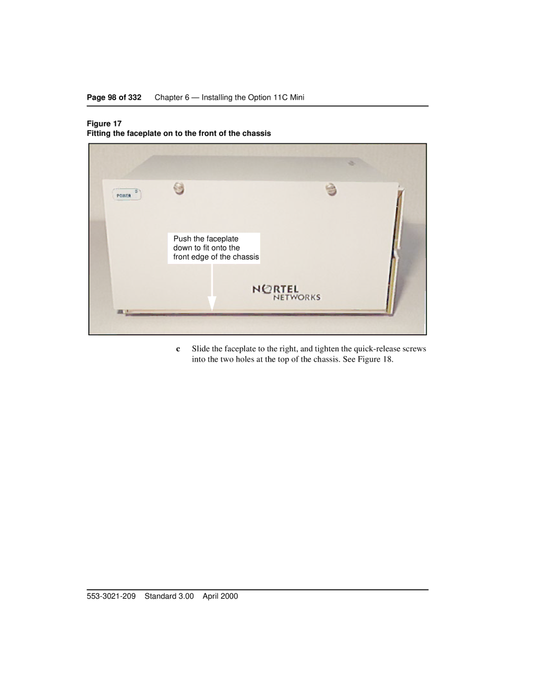 Nortel Networks Option 11C Mini manual Fitting the faceplate on to the front of the chassis 