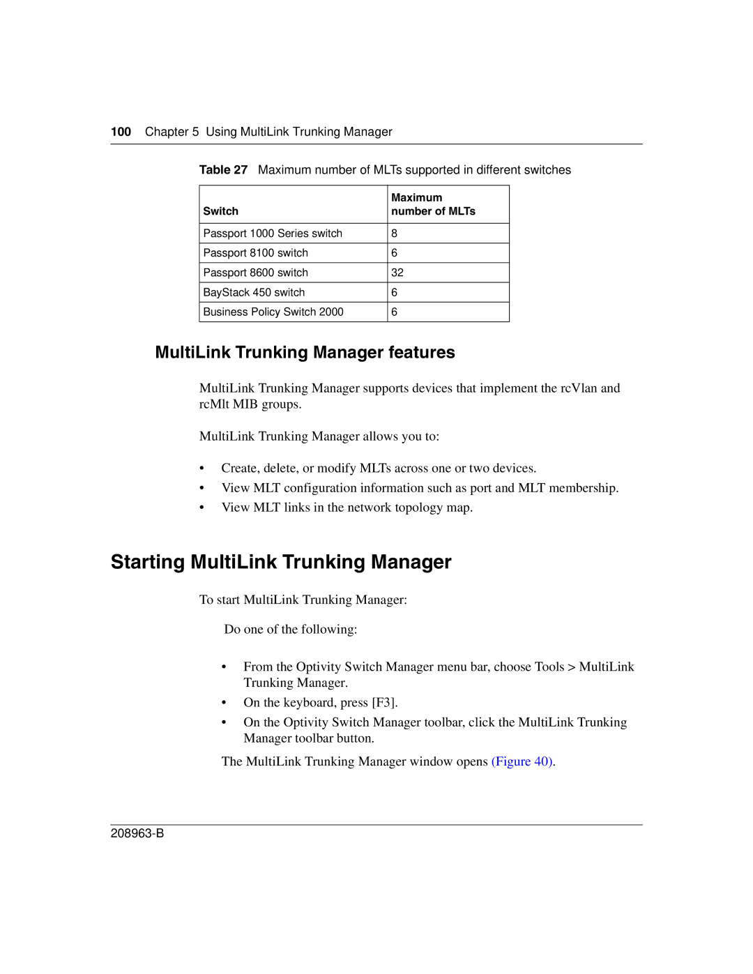 Nortel Networks Optivity Switch manual Starting MultiLink Trunking Manager, MultiLink Trunking Manager features, Maximum 