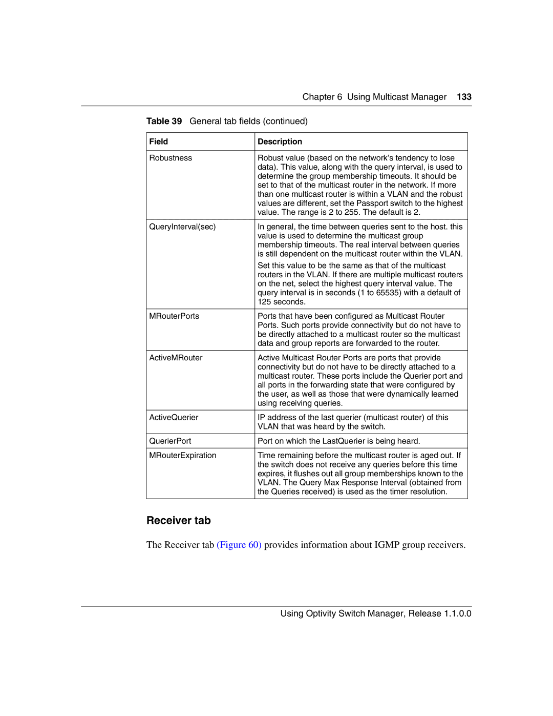 Nortel Networks Optivity Switch manual Receiver tab provides information about Igmp group receivers 