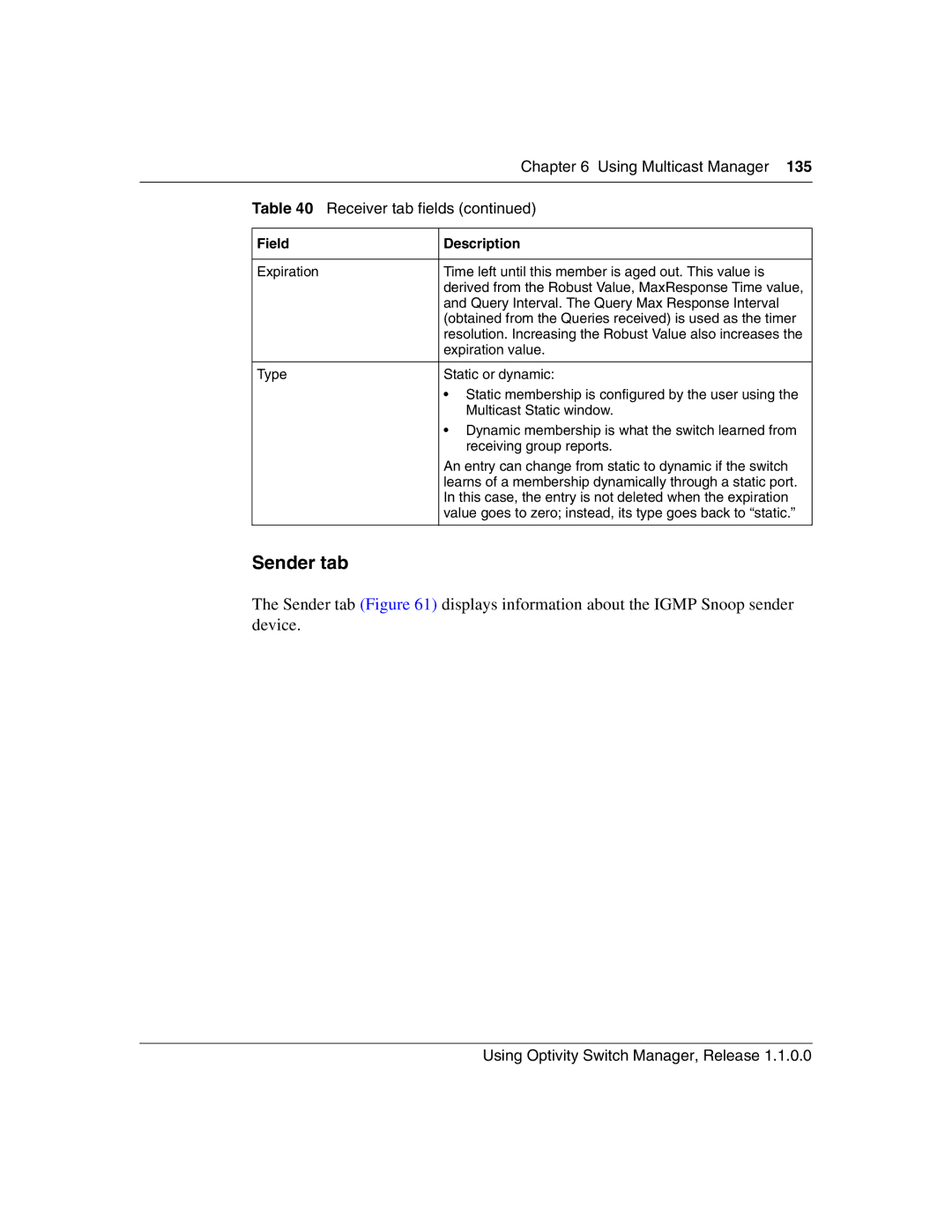 Nortel Networks Optivity Switch manual Sender tab 