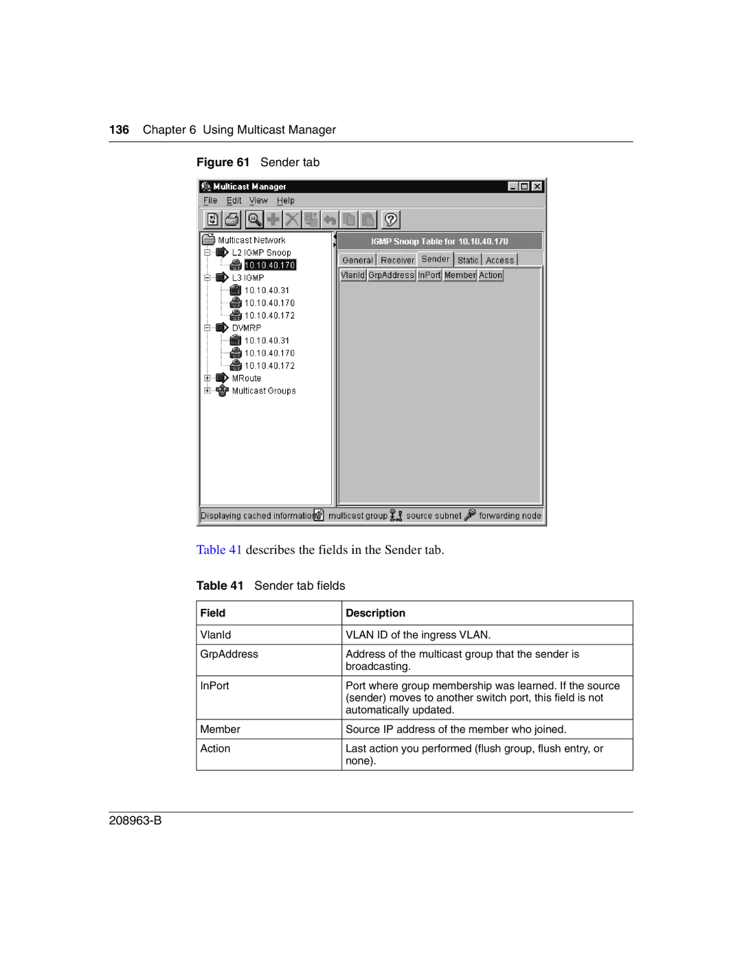 Nortel Networks Optivity Switch manual Describes the fields in the Sender tab, Sender tab fields 