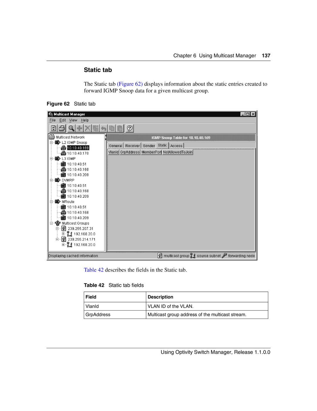 Nortel Networks Optivity Switch manual Describes the fields in the Static tab, Static tab fields 