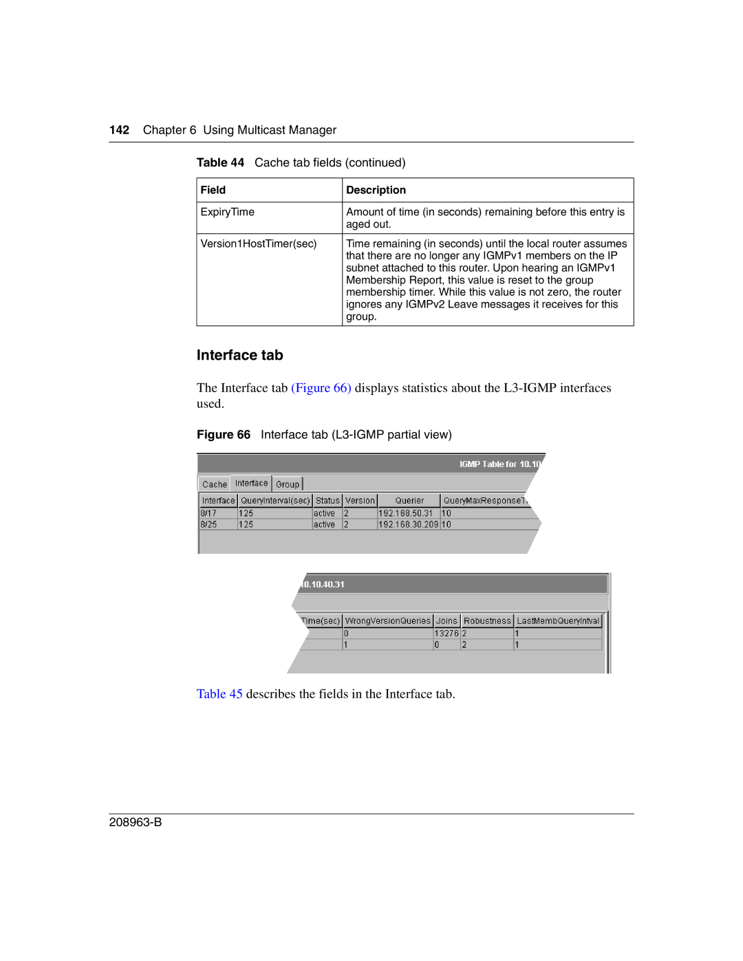 Nortel Networks Optivity Switch Describes the fields in the Interface tab, Using Multicast Manager Cache tab fields 