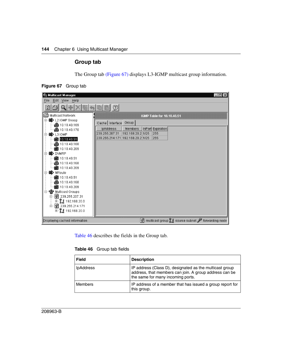 Nortel Networks Optivity Switch manual Group tab displays L3-IGMP multicast group information, Group tab fields 