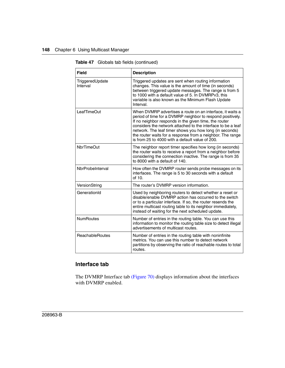 Nortel Networks Optivity Switch manual Interface tab, Using Multicast Manager Globals tab fields 