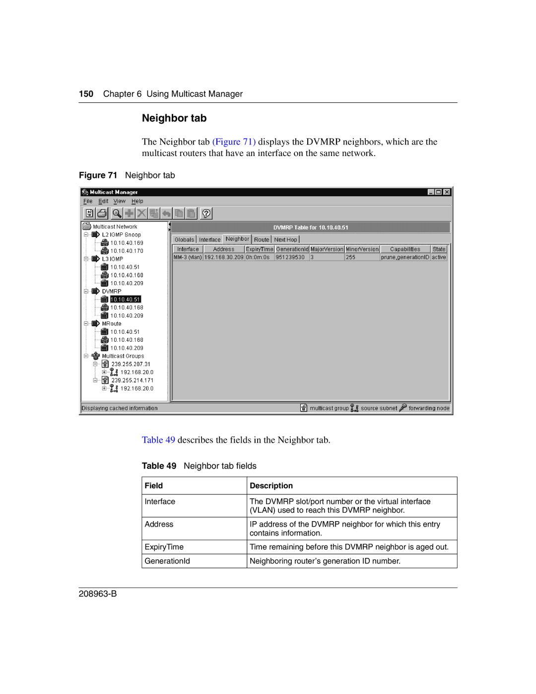 Nortel Networks Optivity Switch manual Describes the fields in the Neighbor tab, Neighbor tab fields 