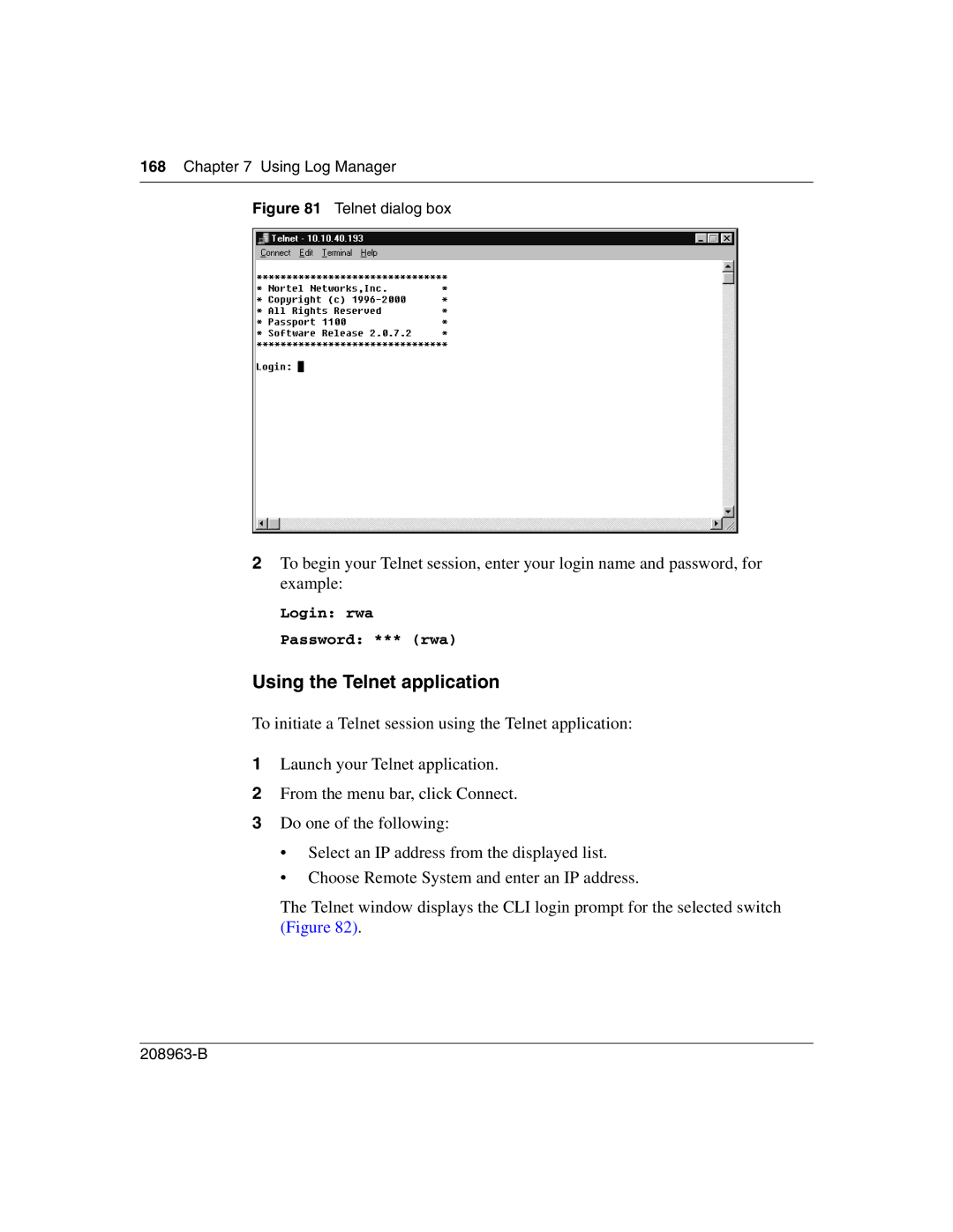 Nortel Networks Optivity Switch manual Using the Telnet application, Telnet dialog box 