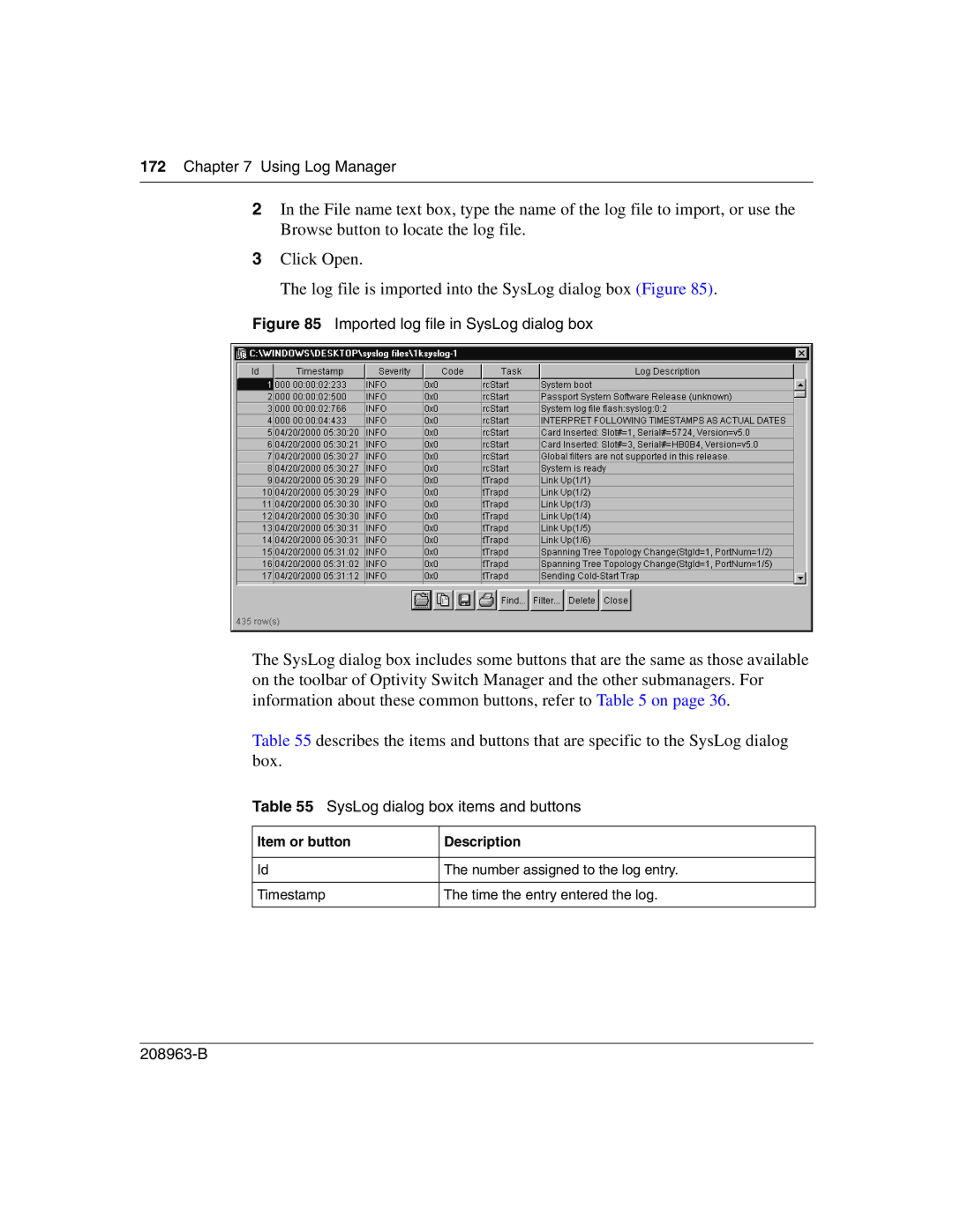 Nortel Networks Optivity Switch manual SysLog dialog box items and buttons, Item or button Description 