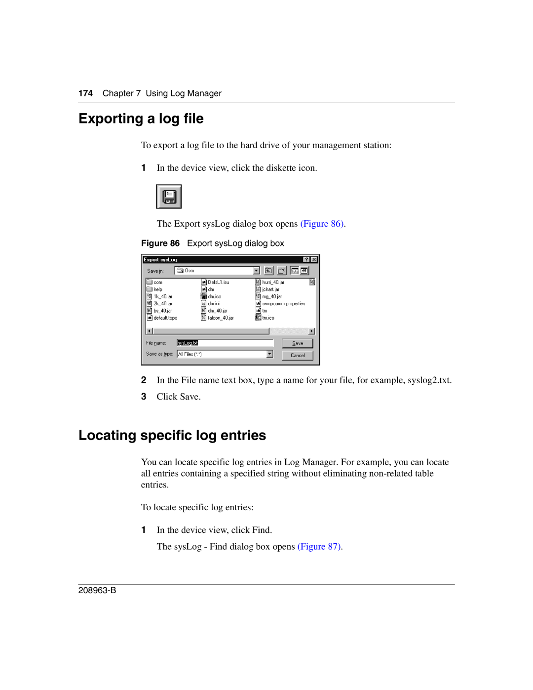 Nortel Networks Optivity Switch manual Exporting a log file, Locating specific log entries 