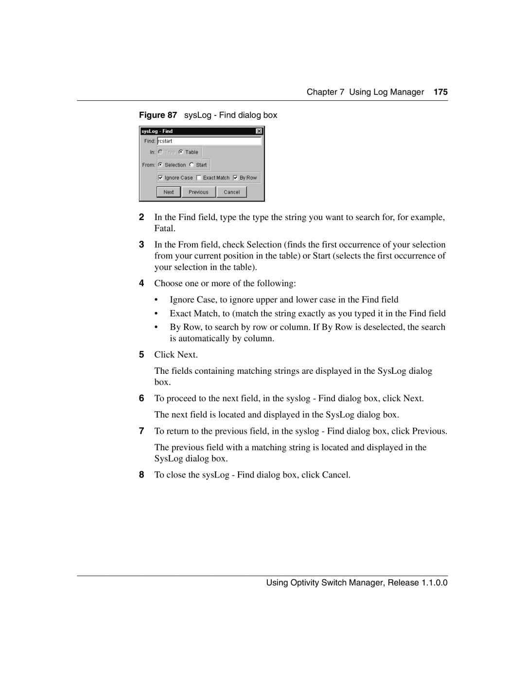 Nortel Networks Optivity Switch manual SysLog Find dialog box 