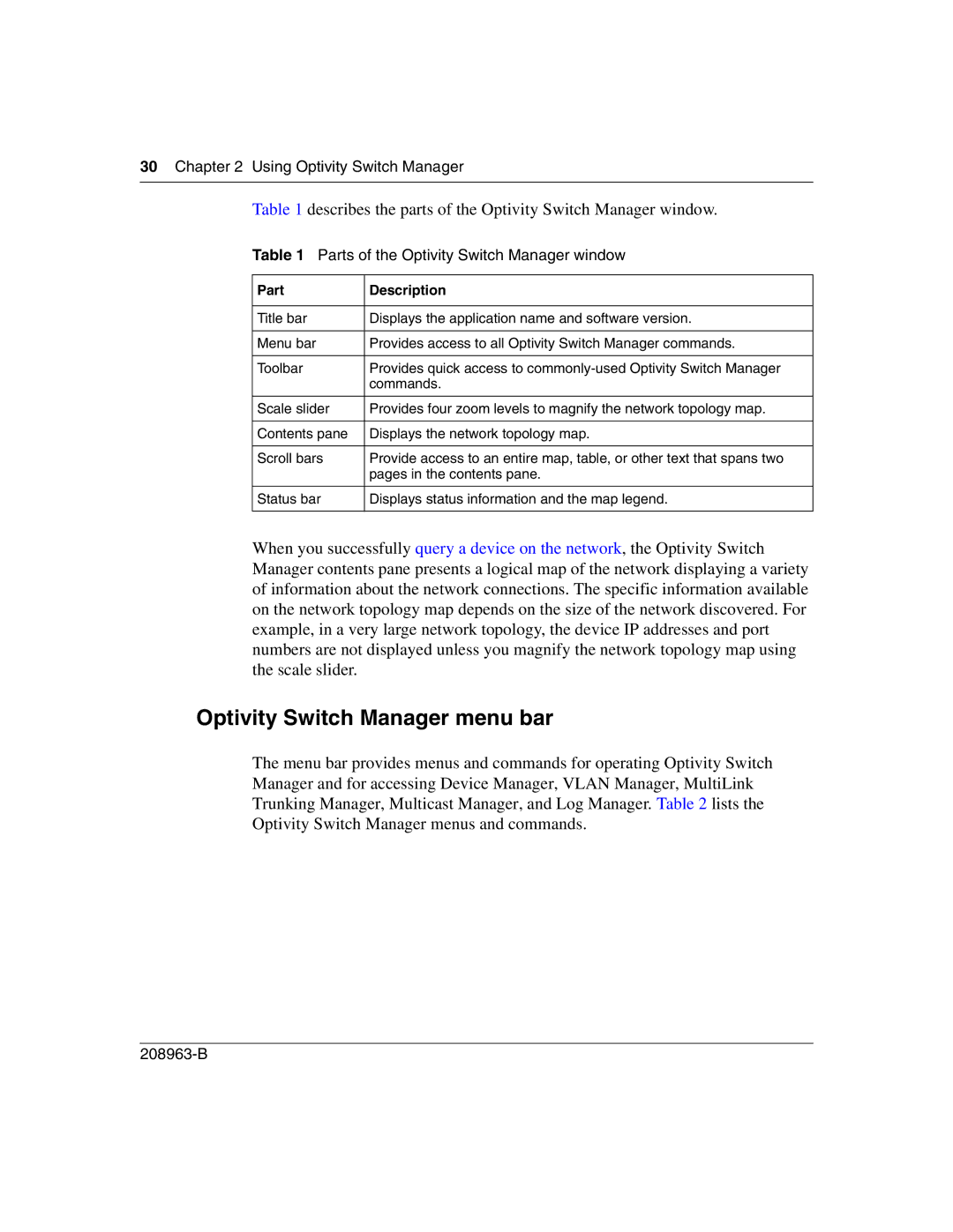 Nortel Networks manual Optivity Switch Manager menu bar, Describes the parts of the Optivity Switch Manager window 