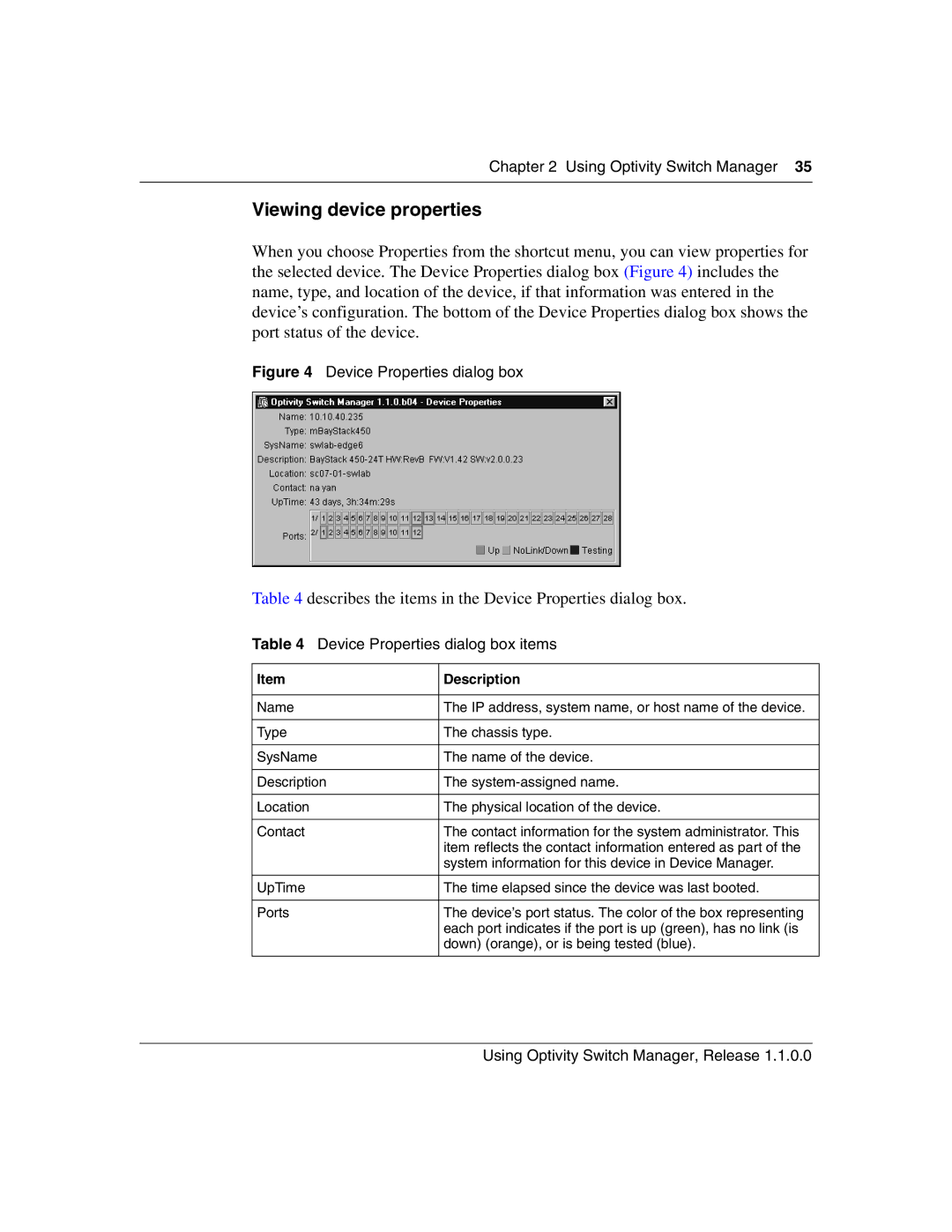 Nortel Networks Optivity Switch manual Viewing device properties, Describes the items in the Device Properties dialog box 