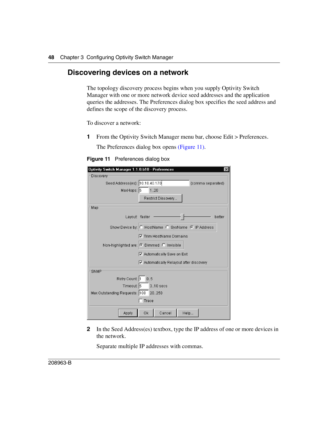 Nortel Networks manual Discovering devices on a network, Configuring Optivity Switch Manager 