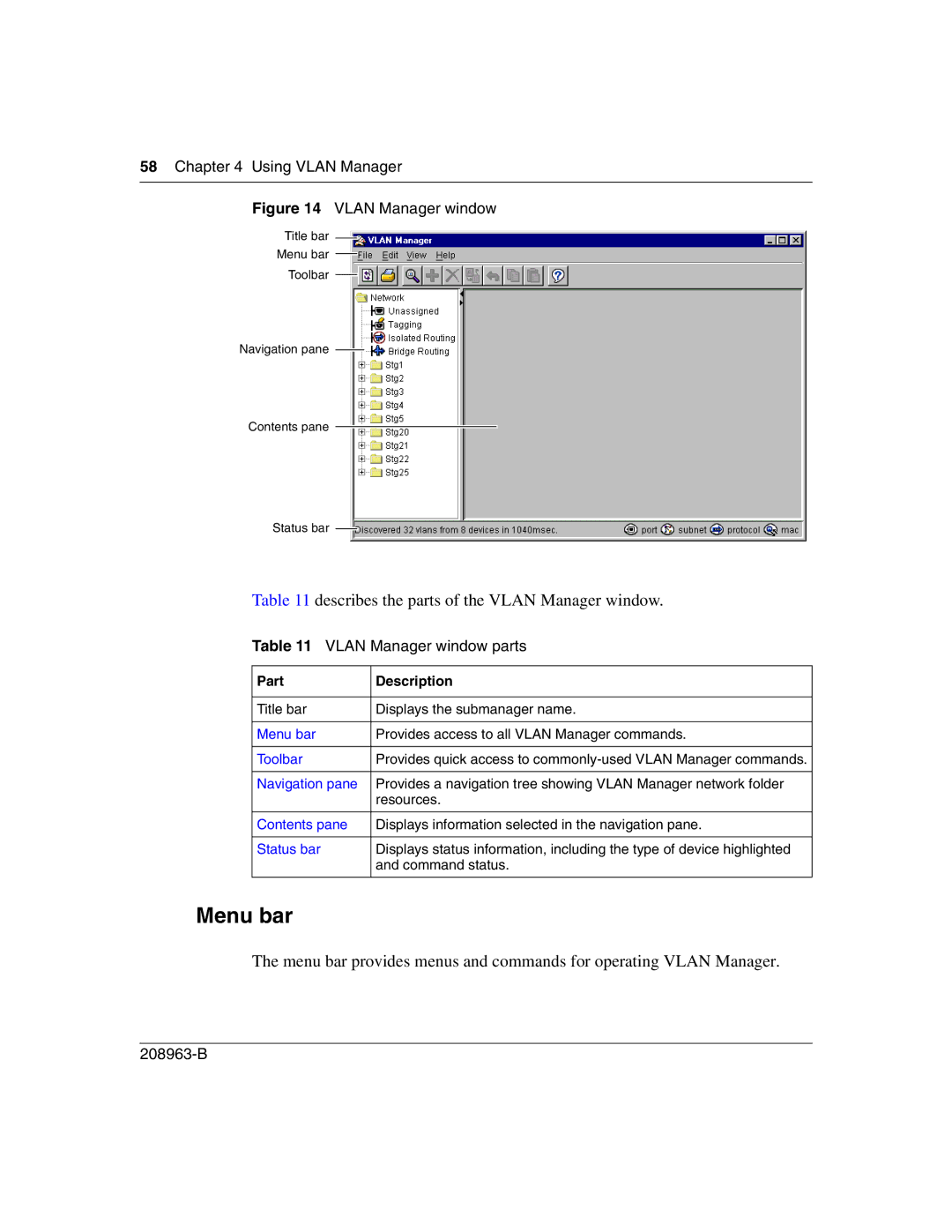 Nortel Networks Optivity Switch manual Menu bar, Describes the parts of the Vlan Manager window, Vlan Manager window parts 