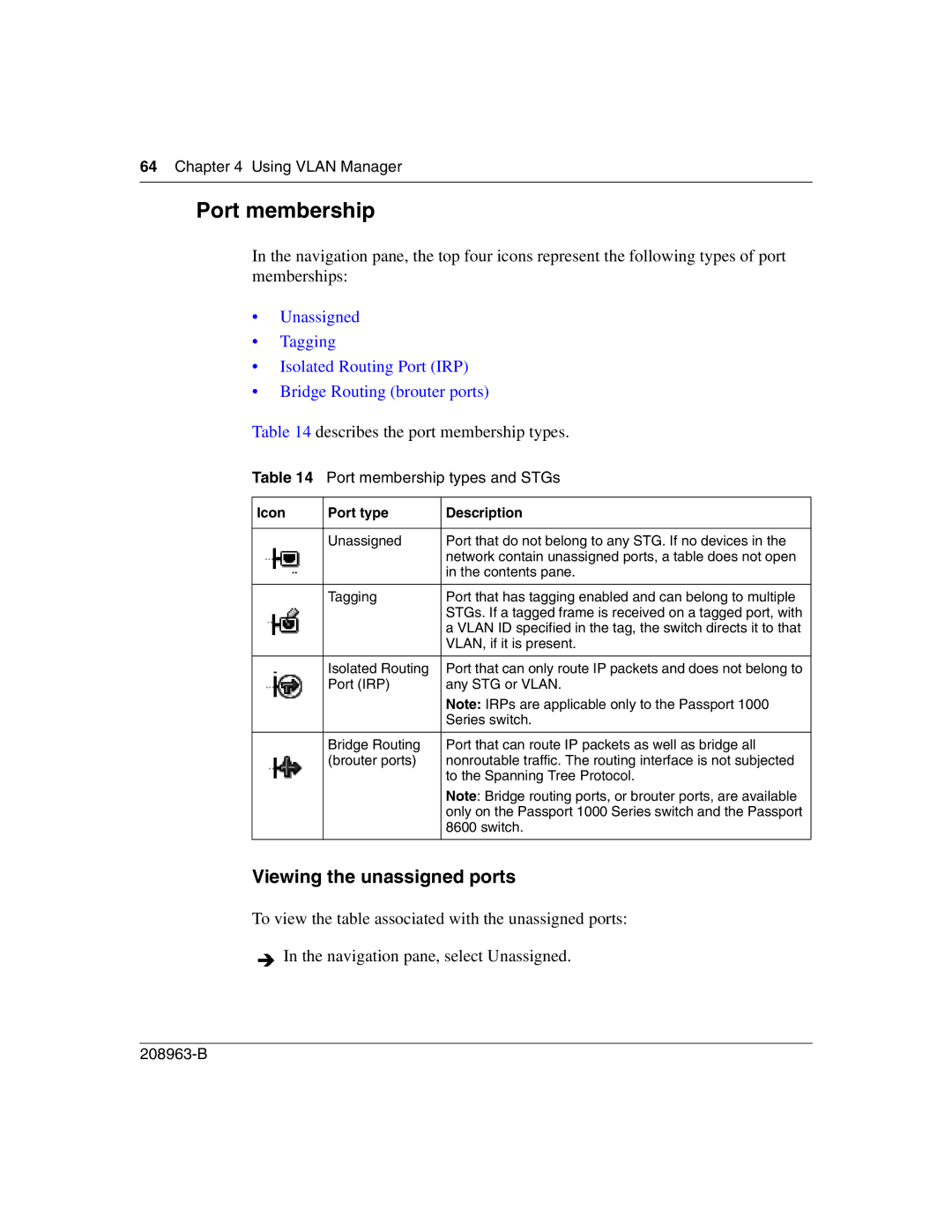 Nortel Networks Optivity Switch manual Port membership, Viewing the unassigned ports, Describes the port membership types 