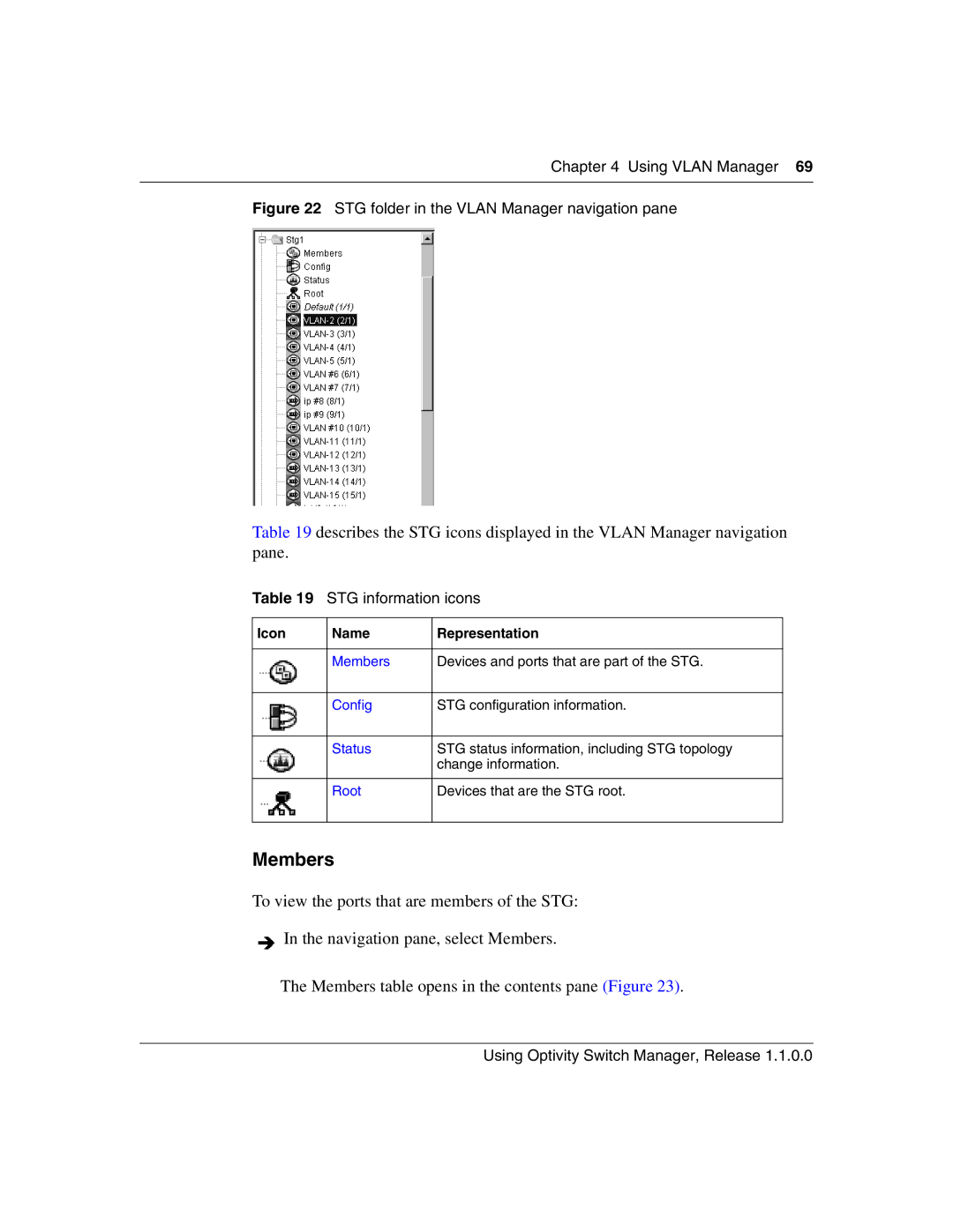 Nortel Networks Optivity Switch manual Members, STG information icons, Icon Name Representation 