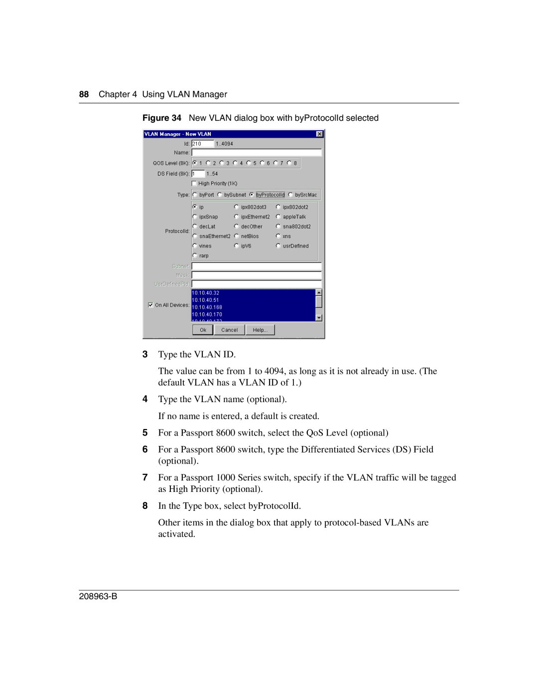 Nortel Networks Optivity Switch manual New Vlan dialog box with byProtocolId selected 