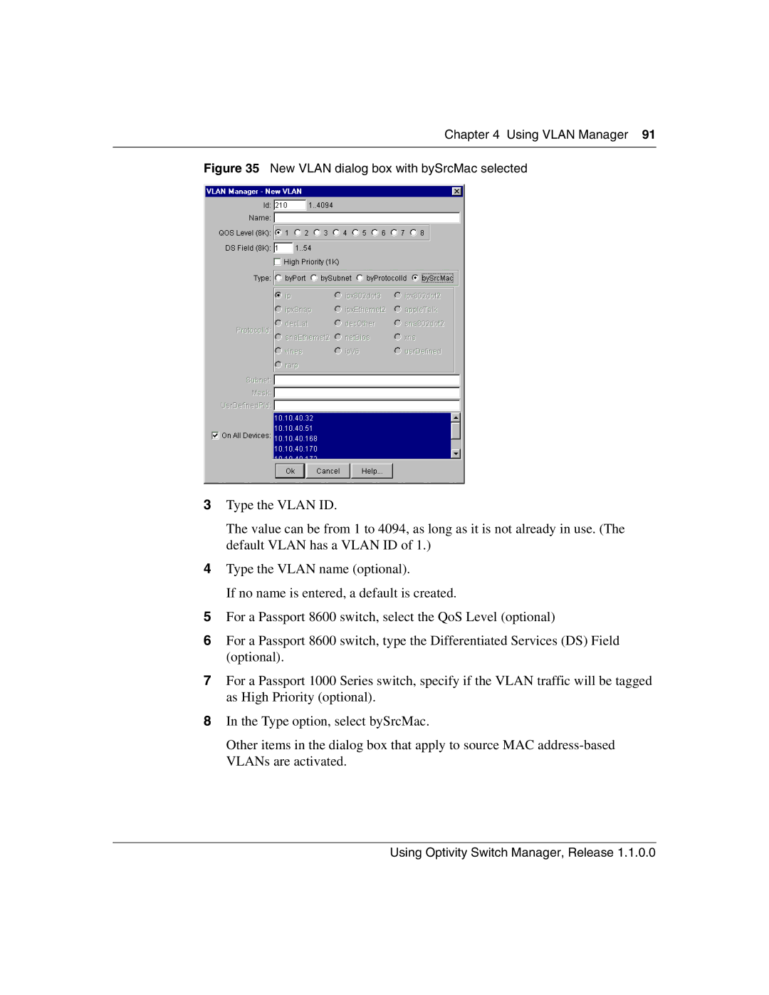 Nortel Networks Optivity Switch manual New Vlan dialog box with bySrcMac selected 