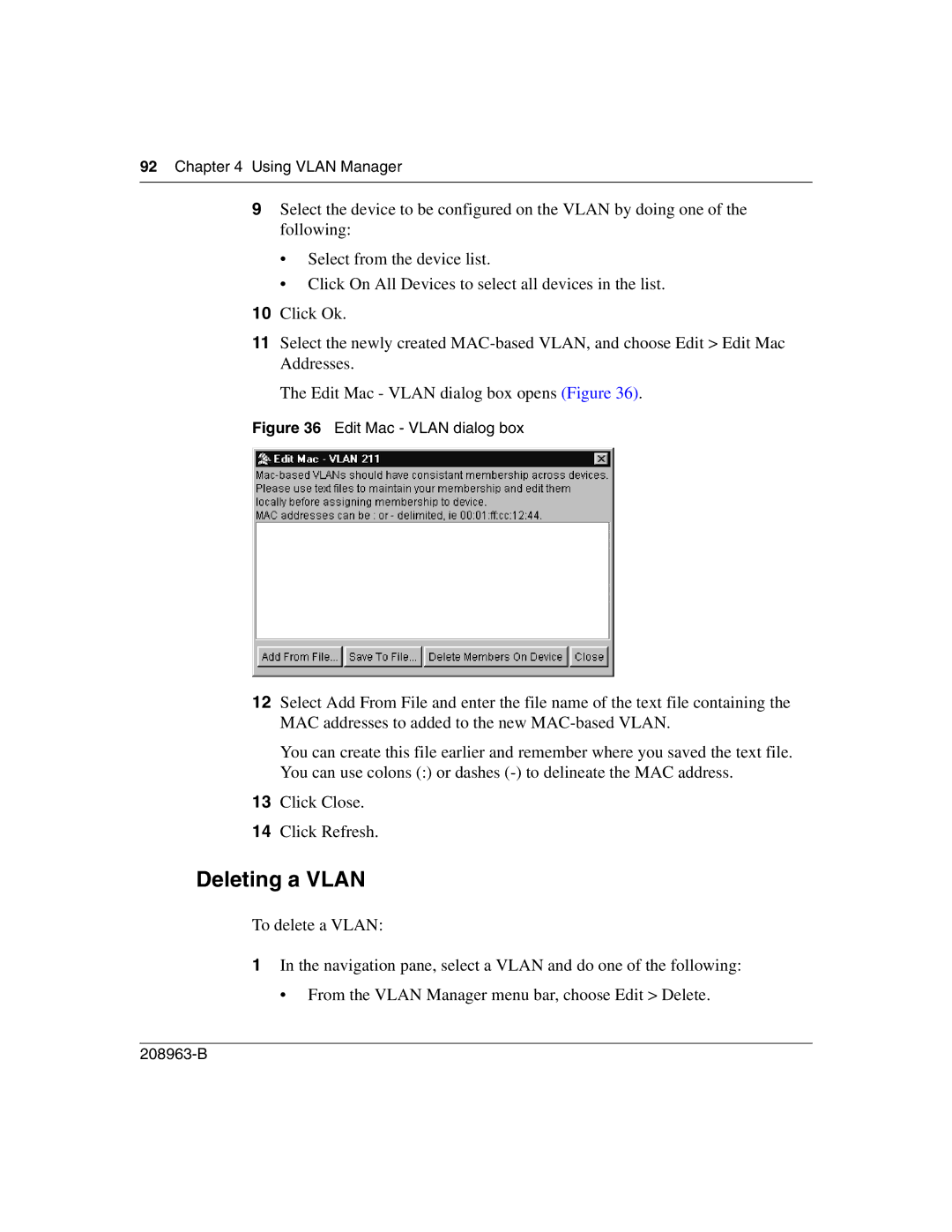 Nortel Networks Optivity Switch manual Deleting a Vlan, Edit Mac Vlan dialog box 