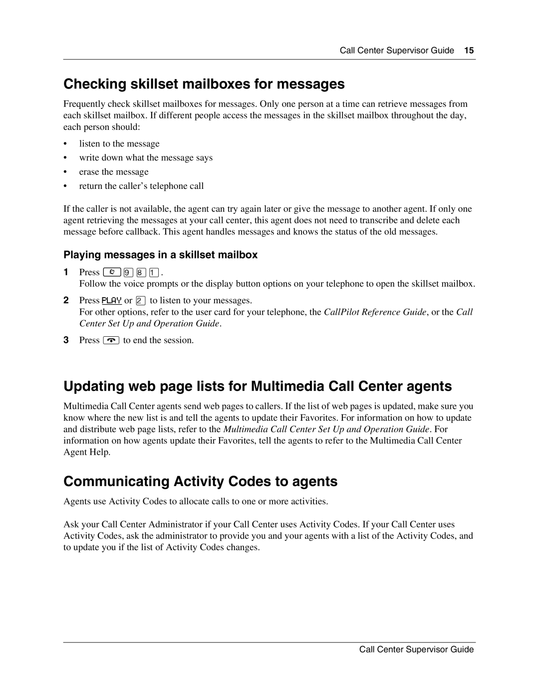 Nortel Networks P0606200 03 manual Checking skillset mailboxes for messages, Communicating Activity Codes to agents 