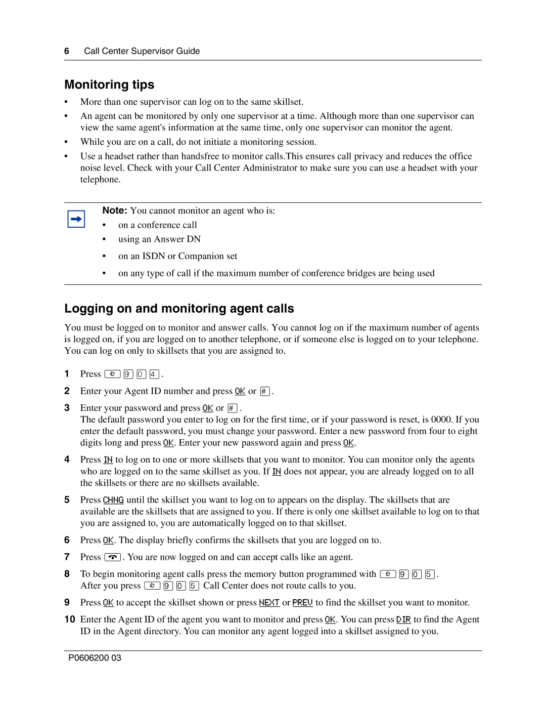 Nortel Networks P0606200 03 manual Monitoring tips, Logging on and monitoring agent calls 