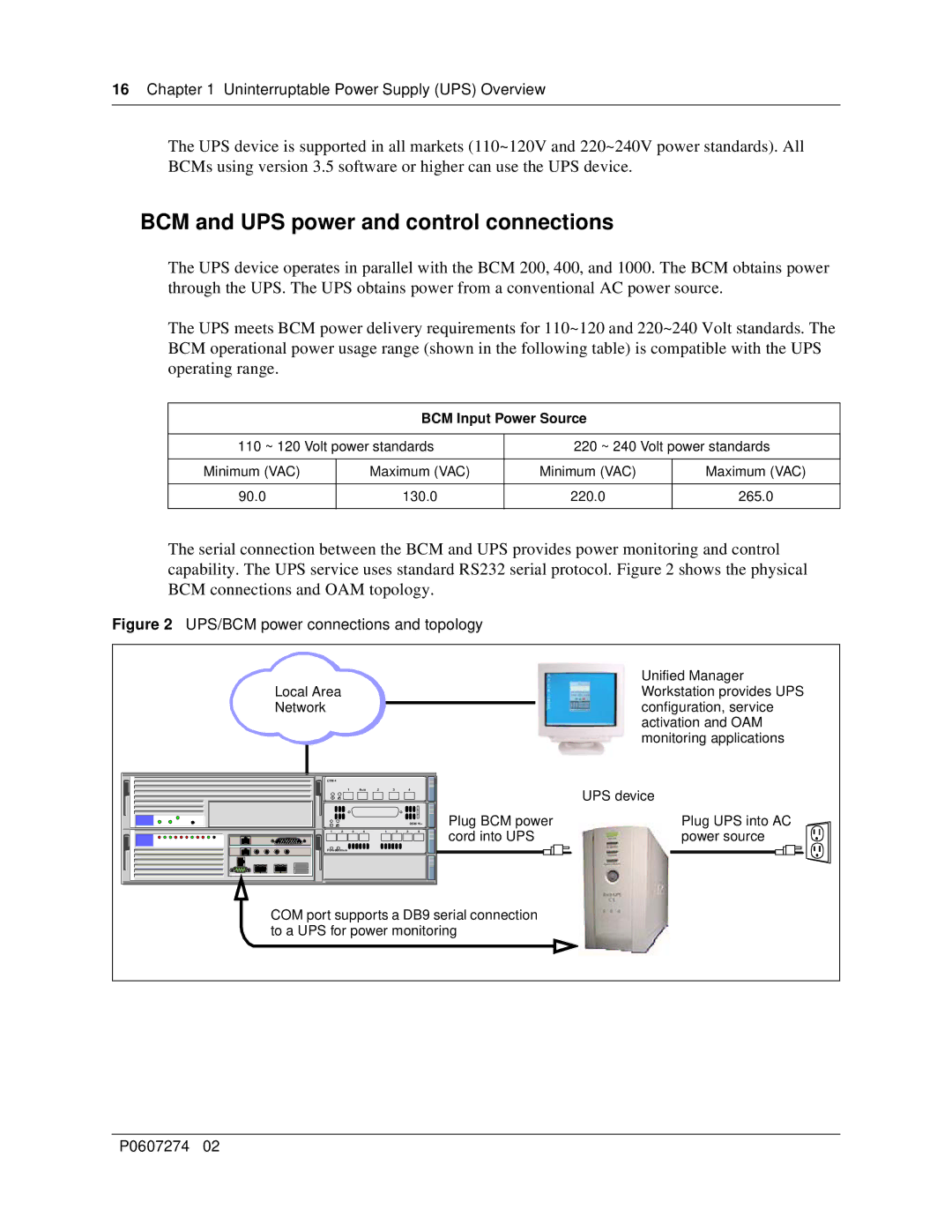 Nortel Networks P0607274 0 manual BCM and UPS power and control connections, BCM Input Power Source 