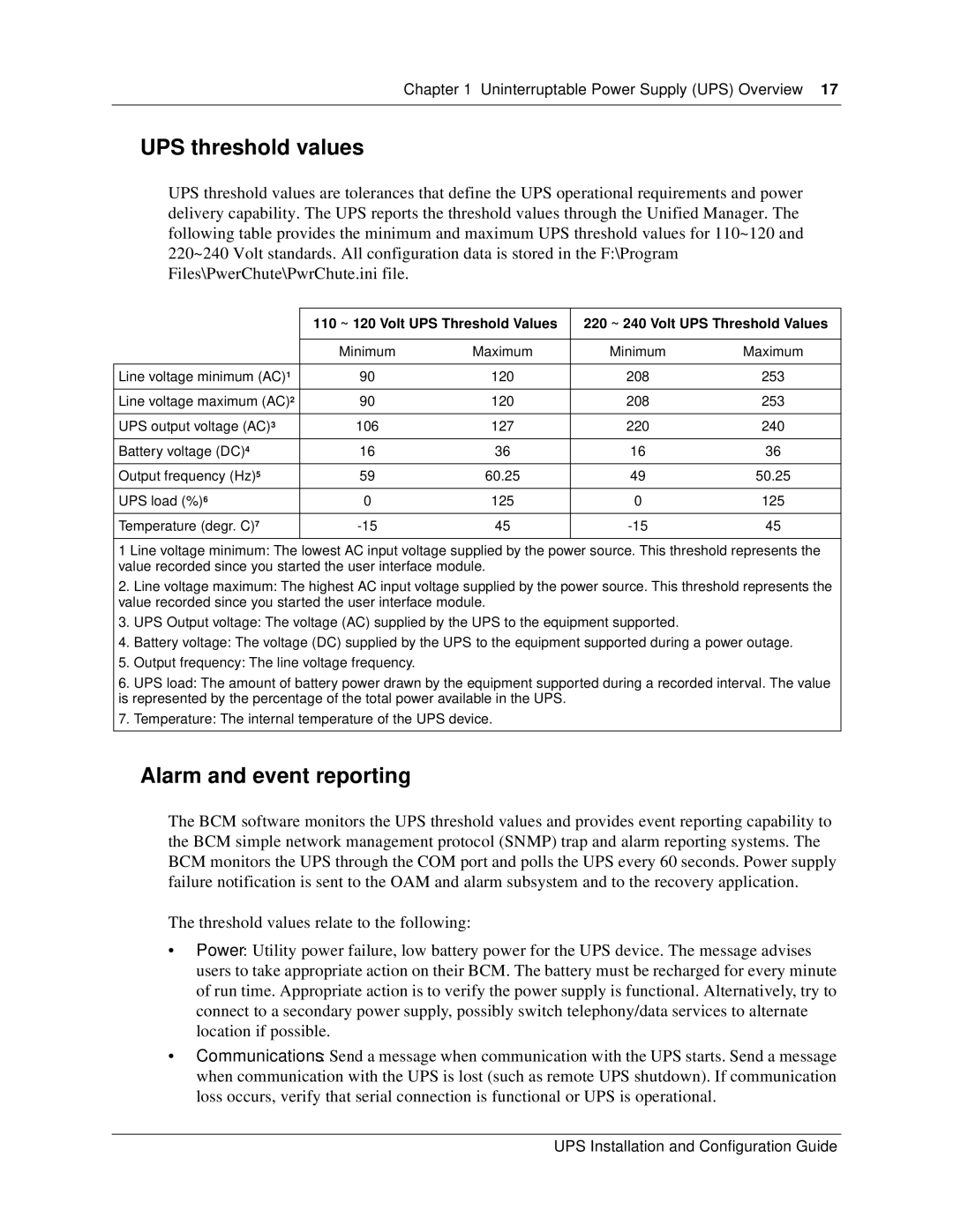 Nortel Networks P0607274 0 manual UPS threshold values, Alarm and event reporting 