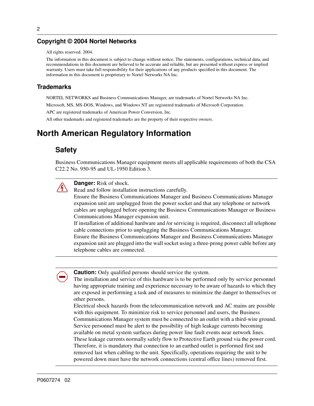 Nortel Networks P0607274 0 manual North American Regulatory Information, Safety 